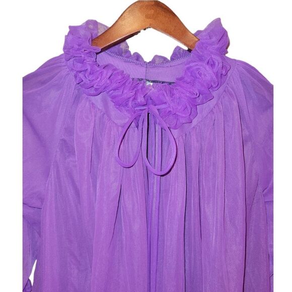 Vintage Union Made ILGWU Purple Sheer Ruffle Sleeve House Coat Robe M - Picture 2 of 13